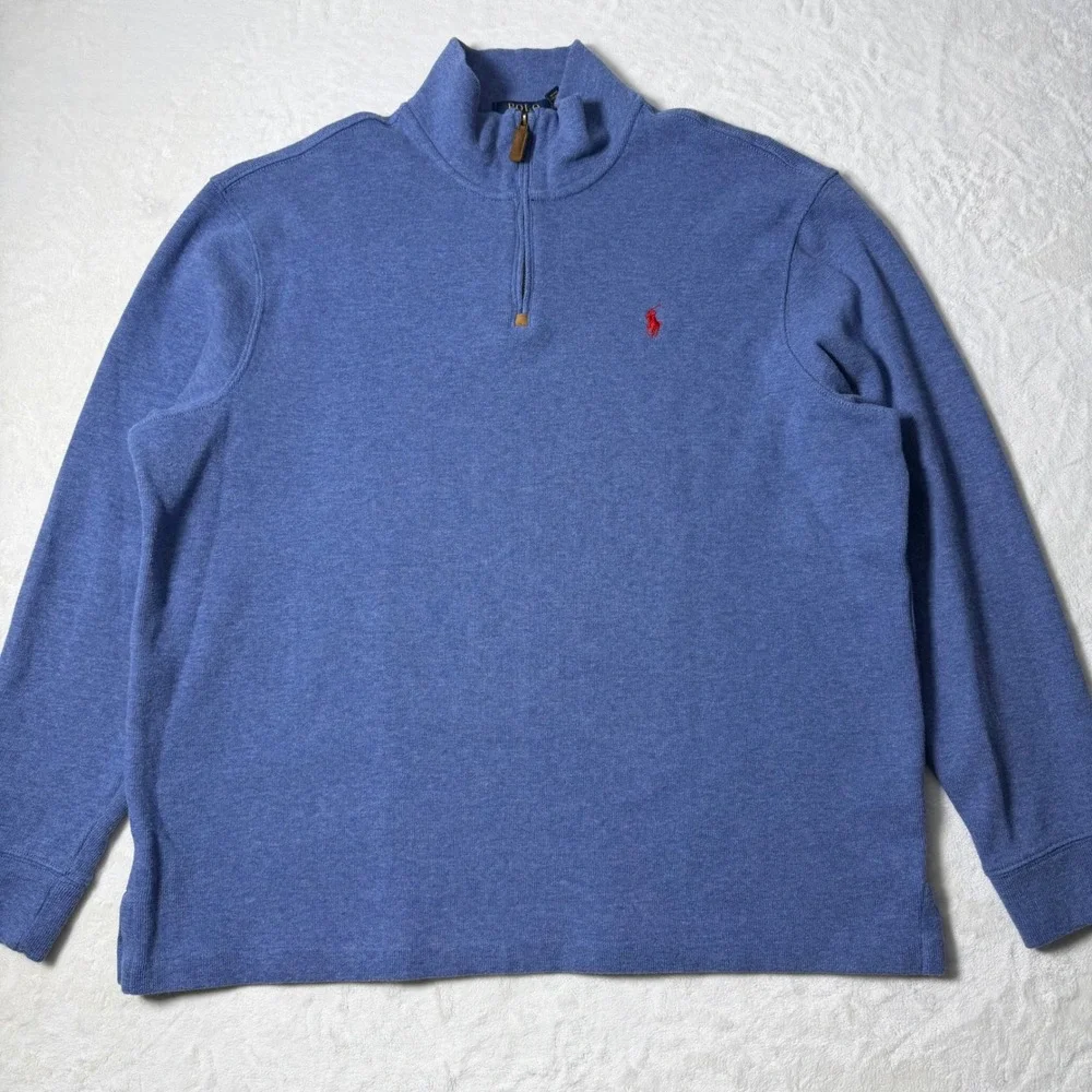 Polo Ralph Lauren Sweater Men Size XL Blue Heather Quarter Zip Pullover Red Pony